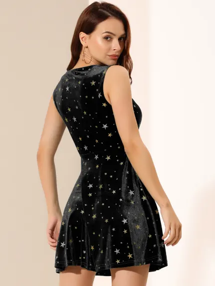 Allegra K-Stars Mini-robe sans manches en velours à col rond