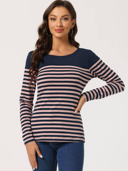 Allegra K- Color Block Long Sleeve Stripe T-Shirt