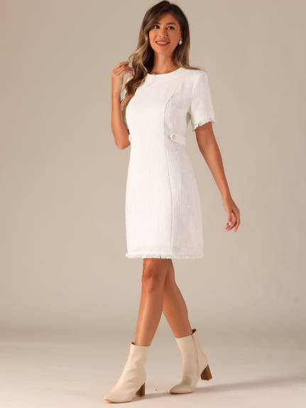 Allegra K - Tweed Round Neck Short Sleeve Work Dress