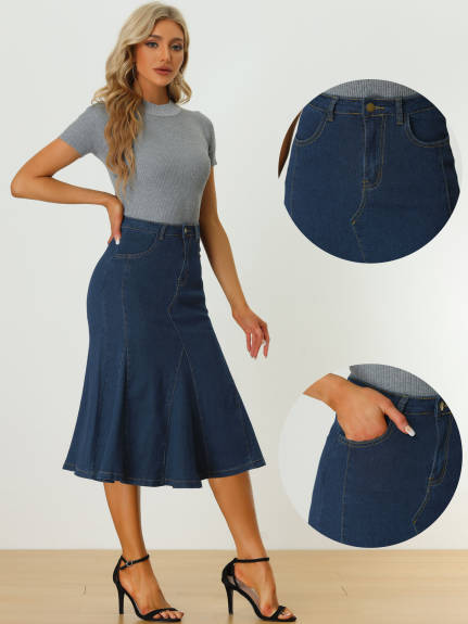 Allegra K - A-Line Flared Midi Denim Skirt