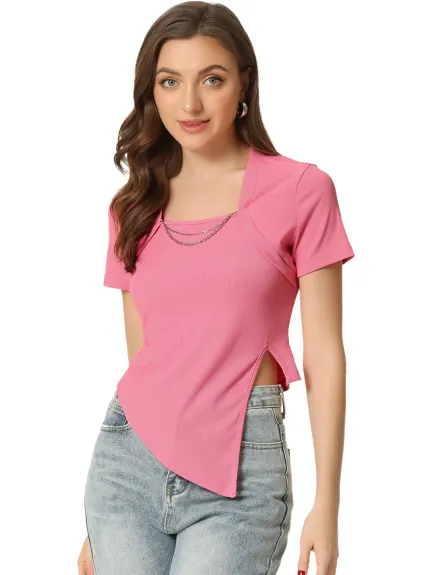 Allegra K - Asymmetrical Split Hem Summer T-Shirt