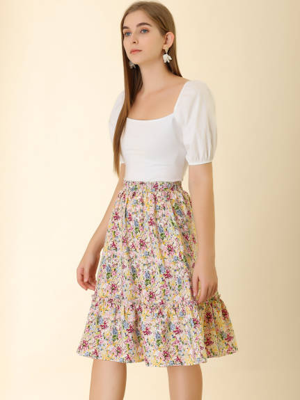 Allegra K- Ruffle Hem Tiered A-Line Floral Midi Skirt