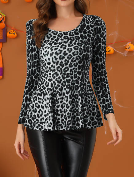 Allegra K- Leopard Print Scoop Neck Long Sleeve Peplum Blouse