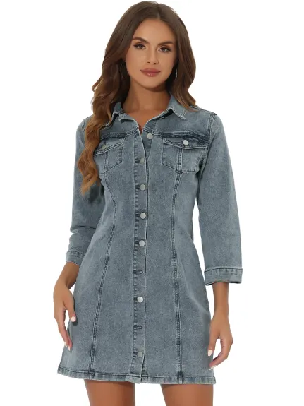 Allegra K- Robe chemise slim en jean à manches 3/4