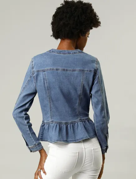 Allegra K - Veste en jean délavée courte à ourlet volanté