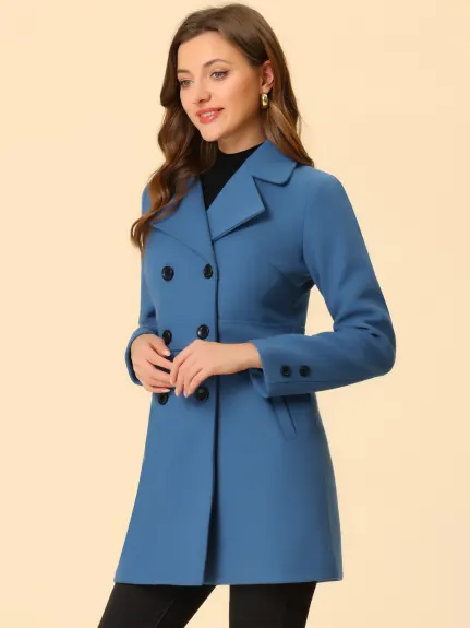 Allegra K- Notched Lapel Double Breasted Mid-Lentgh Overcoat