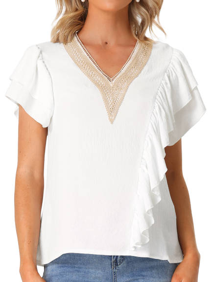 Allegra K - Ruffle Short Sleeve V Neck Blouse