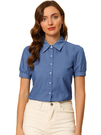 Allegra K - Puff Short Sleeve Button Denim Shirt