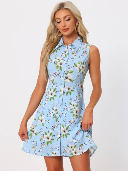 Allegra K - Sleeveless Turndown Collar Above Knee Button Down Floral Print Dress