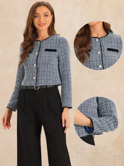 Allegra K- veste courte à carreaux en Tweed