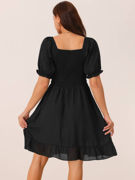 Allegra K - Puff Short Sleeve Square Neck Ruffle Dress