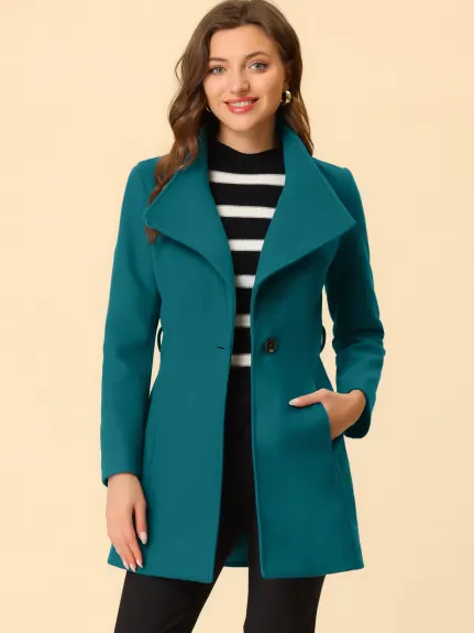 Allegra K- Classic Stand Collar Belted Long Coat