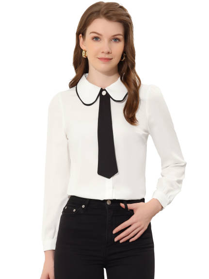 Allegra K- Tie Neck Peter Pan Collar Shirt