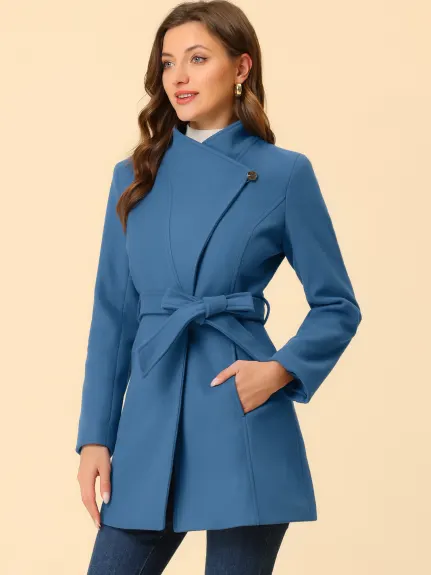 Allegra K- Classic Stand Collar Belted Long Coat