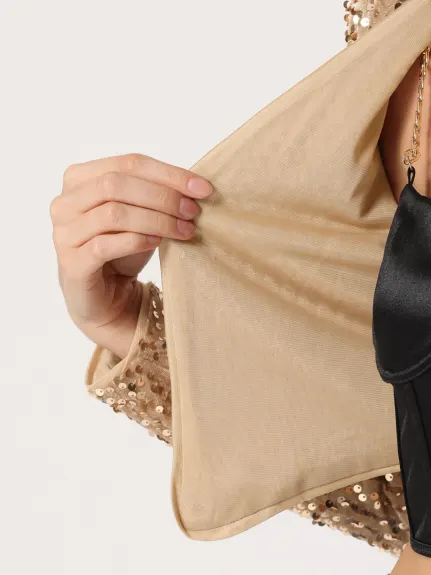 Allegra K- Sequin Shrug Open Front Collarless Crop Blazer Jacket