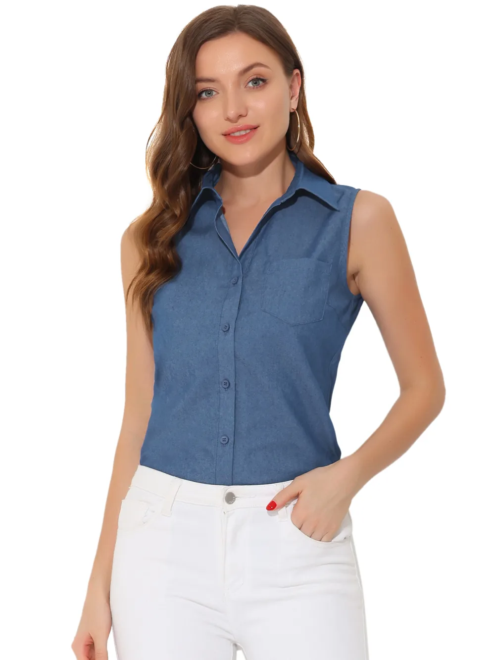 Allegra K- Denim Lapel V Neck Chambray Tunic Top