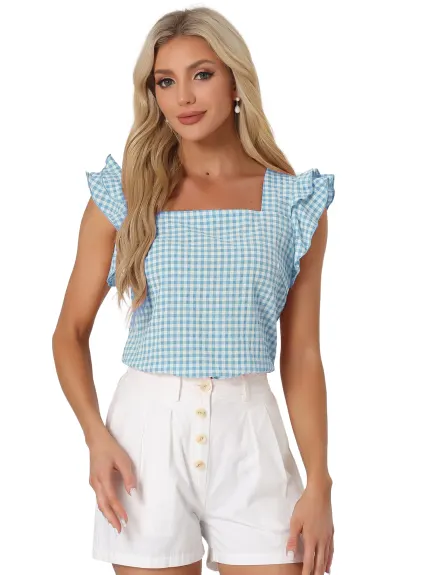 Allegra K - Summer Ruffle Sleeve Gingham Top