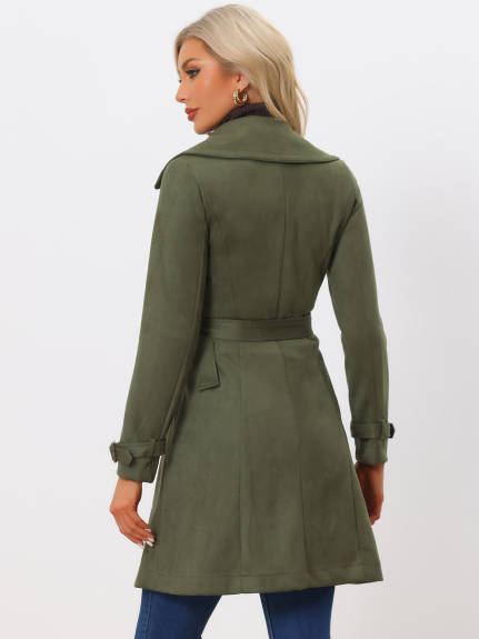 Allegra K- Faux Suede Tie Belt Trench Coat