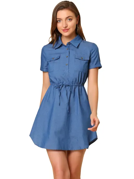 Allegra K- Short Sleeve Tie Waist Button Mini Dress