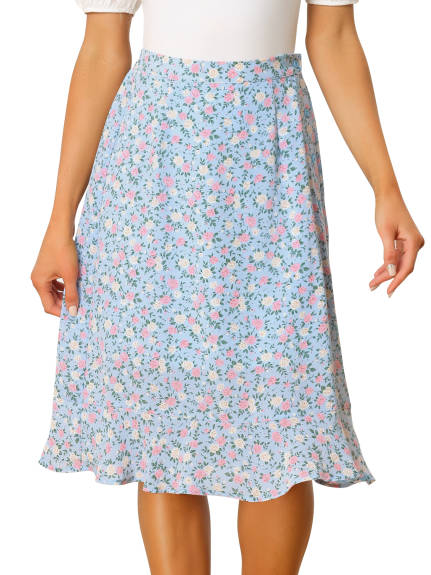 Allegra K- Floral Ruffle A-Line Split Midi Skirt