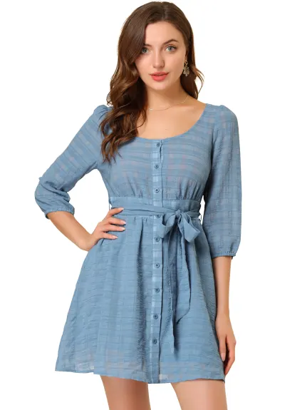 Allegra K- Button Down Tie Waist Textured Checked Dress