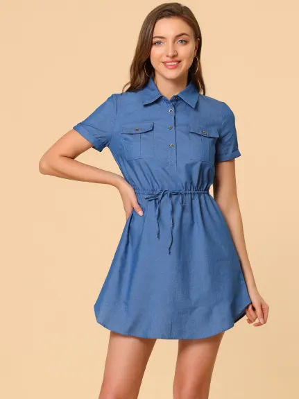 Allegra K- Short Sleeve Tie Waist Button Mini Dress