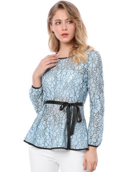 Allegra K- Tie Waist Lace Peplum Blouse