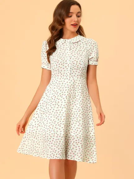 Allegra K- Peter Pan Collar Tie Neck Belted Floral Dress