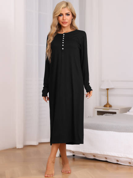 Cheibear - Button Down Long Sleeve Knit Nightgown