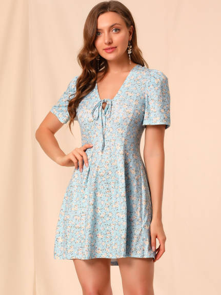 Allegra K- Floral Short Sleeves Flare Dress