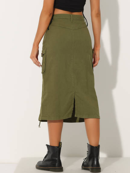 Allegra K- Flap Pocket Back Slit Drawstring Midi Cargo Skirt