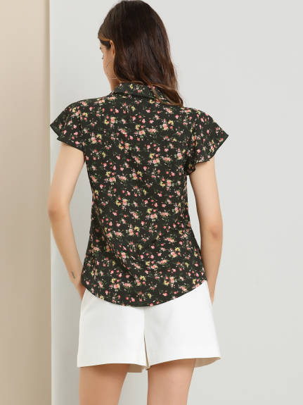 Allegra K - Summer Flare Sleeve Floral Collared Shirt