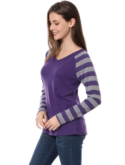 Allegra K- Stripe Raglan Long Sleeve V Neck T-Shirt