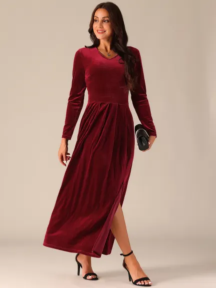 Allegra K - Elegant V-Neck Split Velvet Maxi Dress