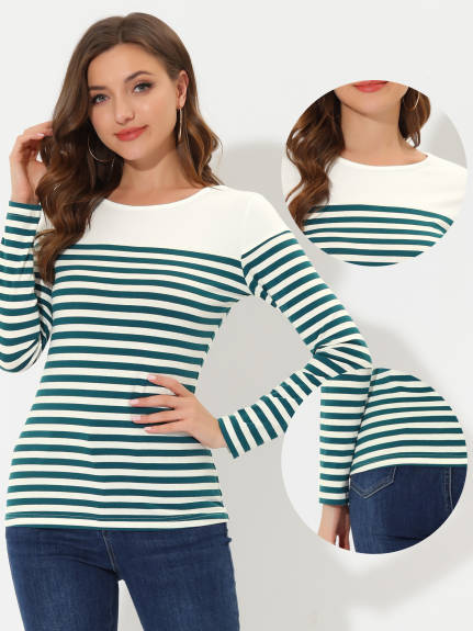 Allegra K- Color Block Long Sleeve Stripe T-Shirt