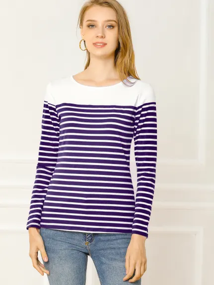 Allegra K- Color Block Long Sleeve Stripe T-Shirt