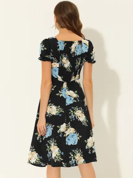 Allegra K- Floral Sweetheart Cherry Print Flare Dress