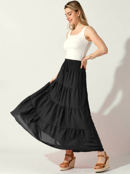 Allegra K - Smocked Waist Tiered A-Line Maxi Skirt