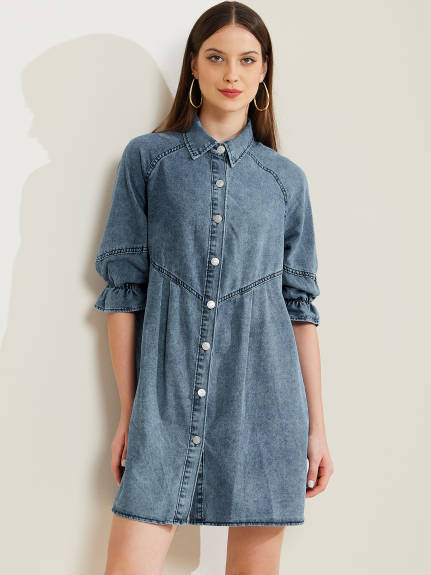 Allegra K - Babydoll Mini Jean Shirt Dresses