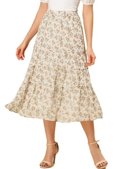 Allegra K- Floral Tiered A-Line Long Chiffon Skirt