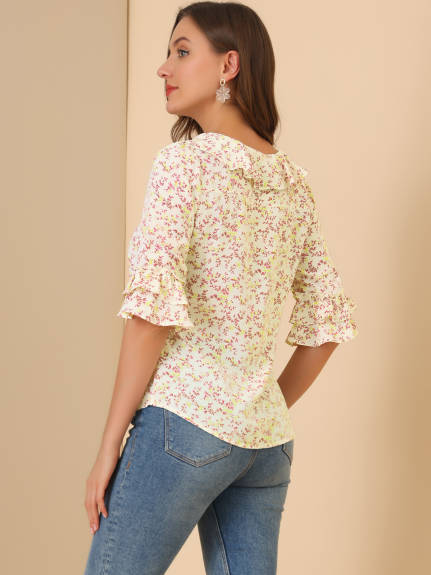 Allegra K - Tie Neck Elbow Sleeve Floral Chiffon Blouse