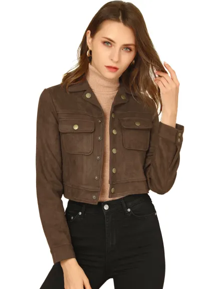 Allegra K- Faux Suede Notched Collar Button Up Cropped Jacket