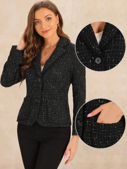 Allegra K- Vestes blazer à revers cranté en tweed à carreaux