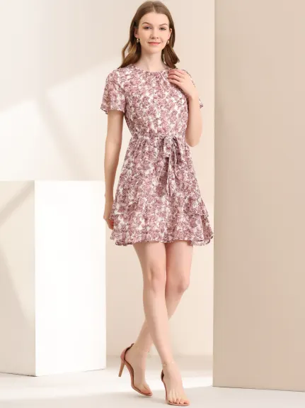 Allegra K- Floral Asymmetrical Layered Pleated Neck Short Flare Sleeve Dress