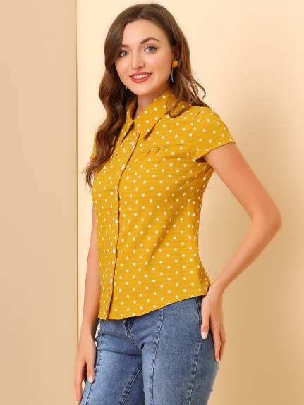 Allegra K- Point Collar Polka Dots Summer Shirt