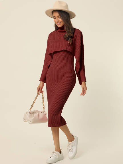 Allegra K- Two Piece Knitted Turtleneck Sweater Tank Bodycon Midi Dress Set