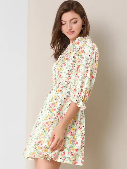 Allegra K- Ruffle 3/4 Sleeve A-Line Floral Flare Dress