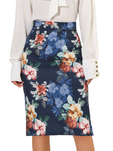 Allegra K- Back Slit Floral Knee Length Pencil Skirt