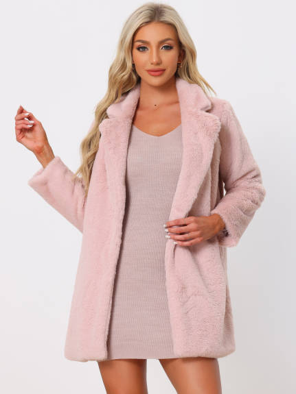 Allegra K - Open Front Fluffy Faux Fur Midi Jackets