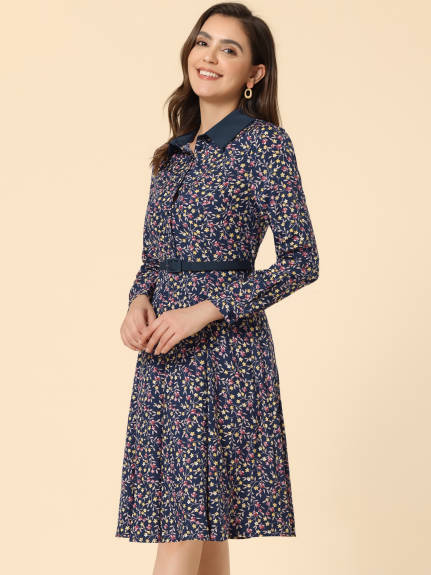 Allegra K- Floral Contrast Collar Belted Long Sleeve Retro Dress